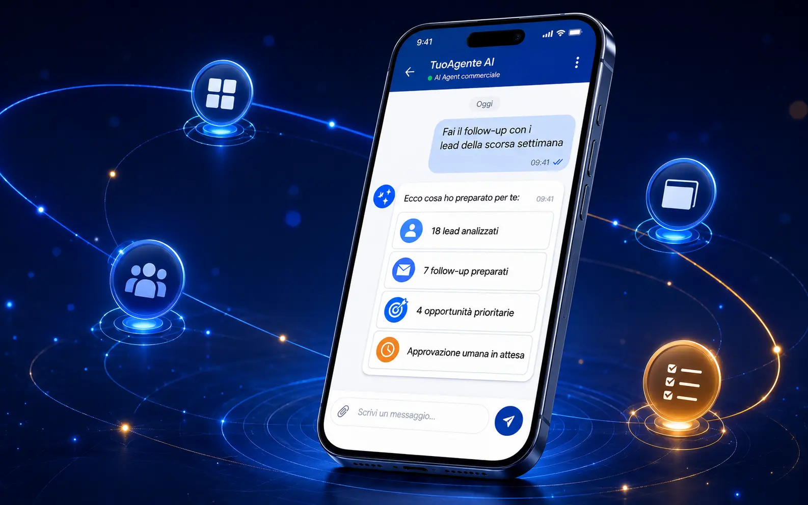 Cellulare con TuoAgente AI collegato a strumenti, persone, documenti e attività